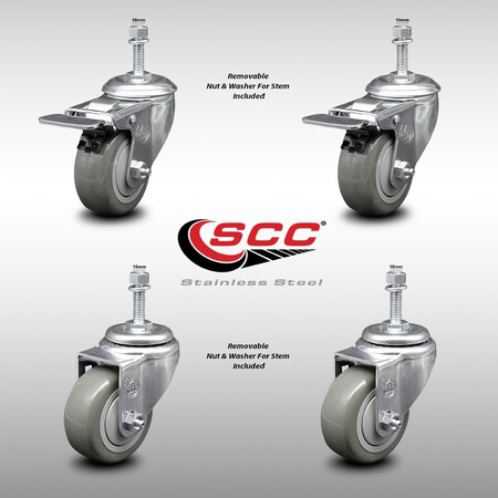 Service Caster 3 Inch SS Gray Polyurethane 10mm Threaded Stem Caster Total Lock Brake, 2PK SCC-SSTSTTL20S314-PPUB-M1015-2-S-2